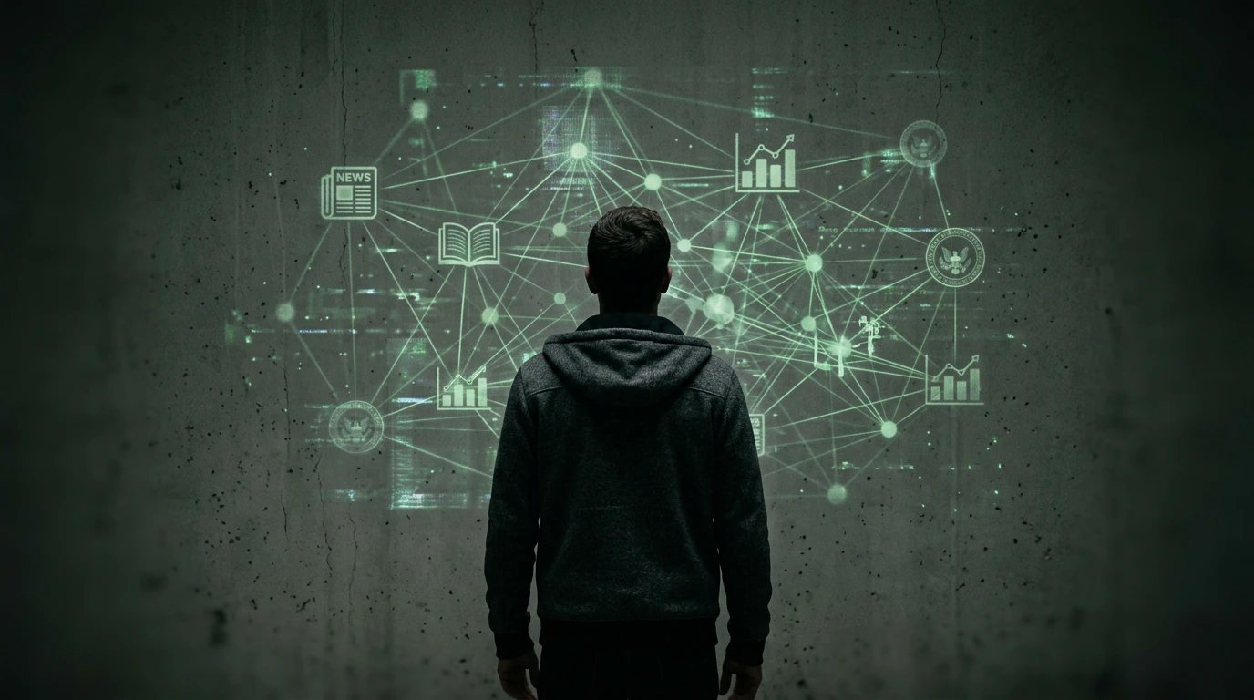 A person stands before a complex, glowing green data visualization on a concrete wall, illustrating the interconnectedness of news, education, benefits, and finance.