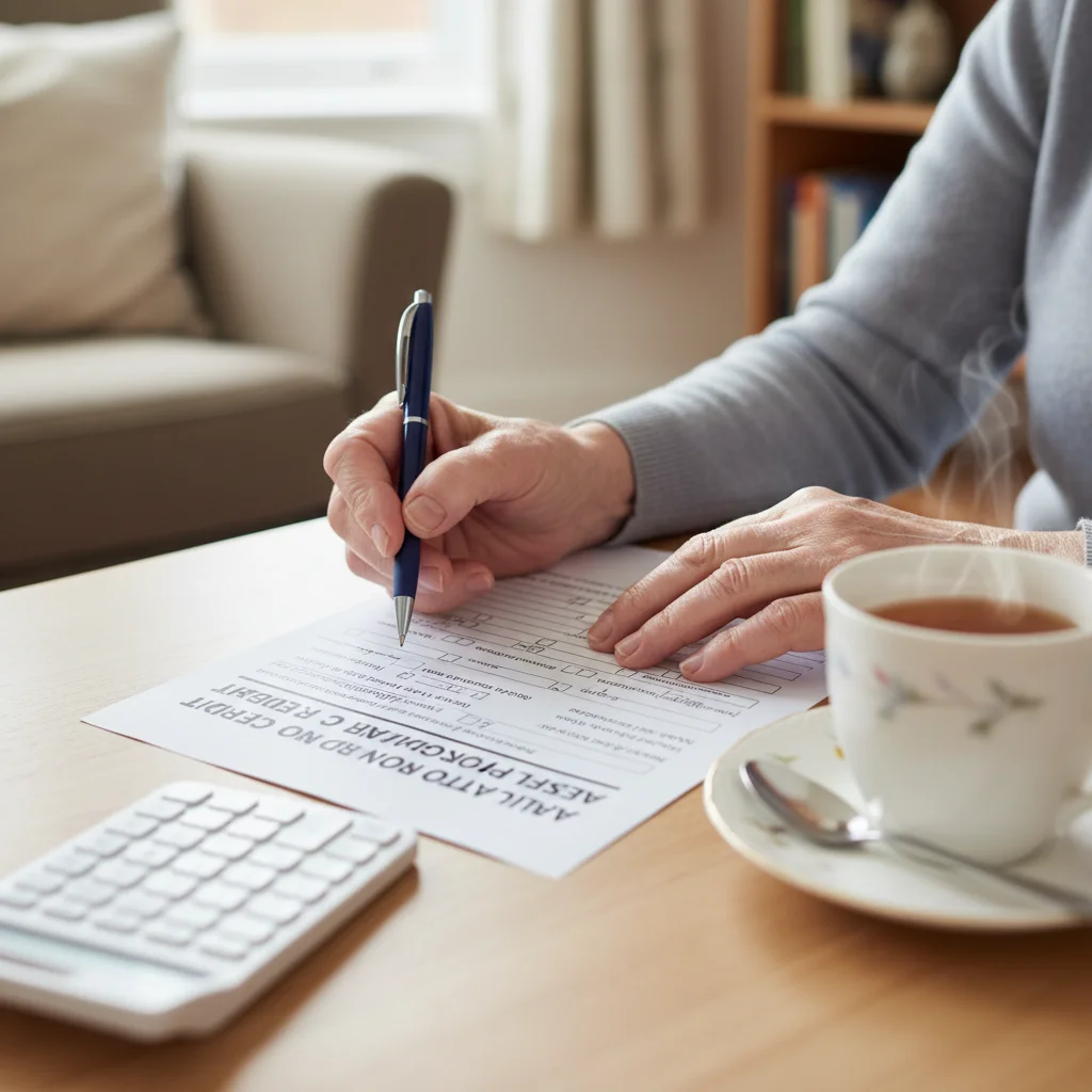 Hands completing Pension Credit application form with pen and calculator