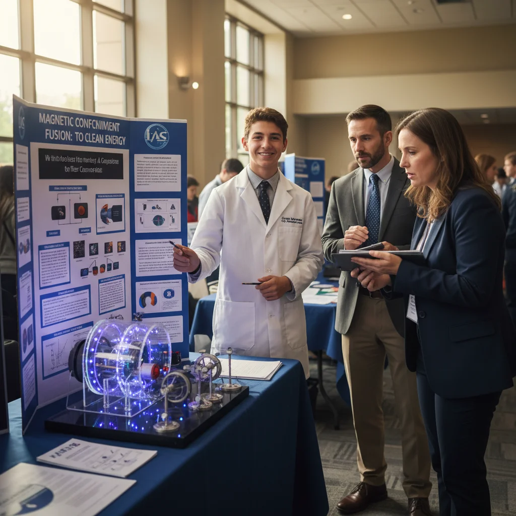 High school student presenting science fair project, showcasing STEM talent.