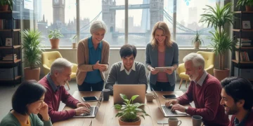 Adults engaged in UK online learning on laptops and tablets in a modern co-working space, representing future education.