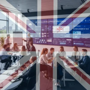 Diverse group collaborating on skills training in a modern UK setting.