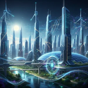 Futuristic UK city skyline with AI networks and green energy symbols, representing a £3 billion tech investment surge.