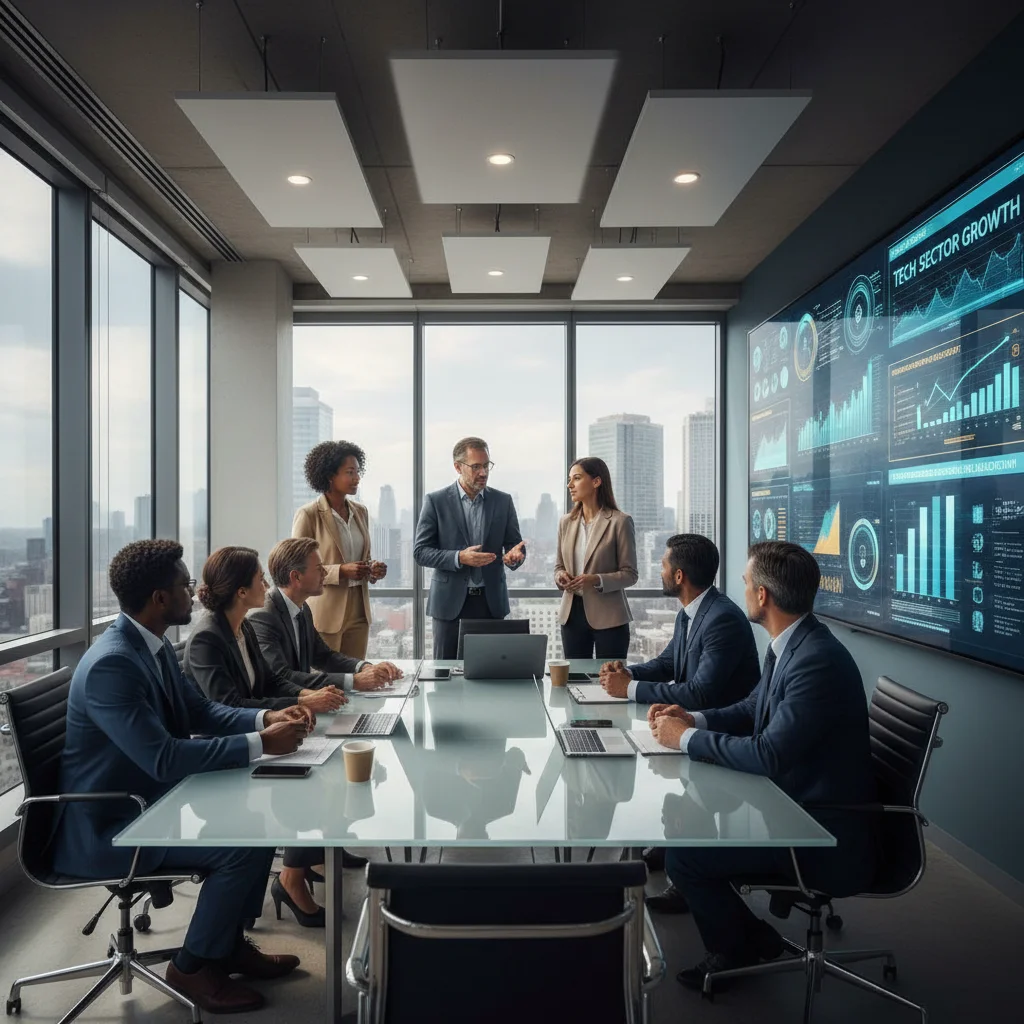 Diverse professionals discussing financial projections for tech investments in a modern office, highlighting economic growth.