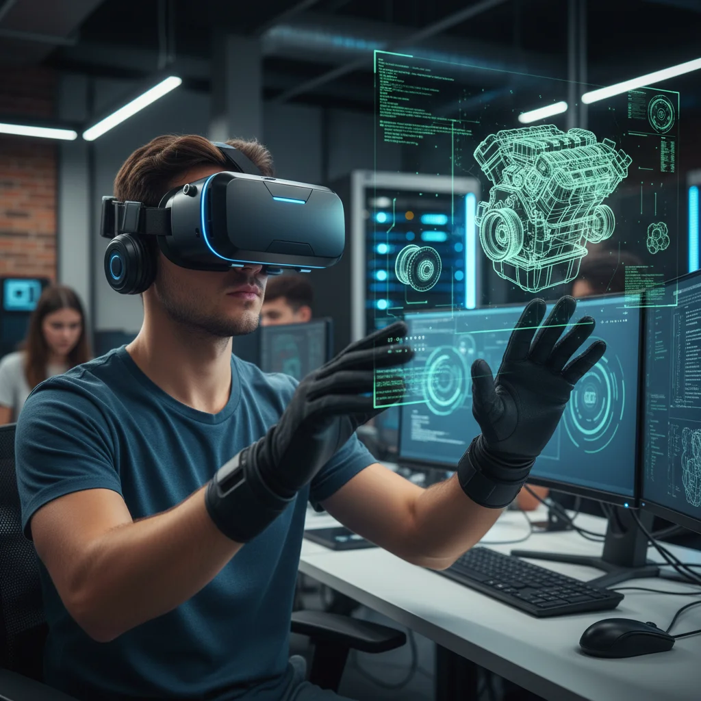 Student using VR for technical skills training in a college setting.