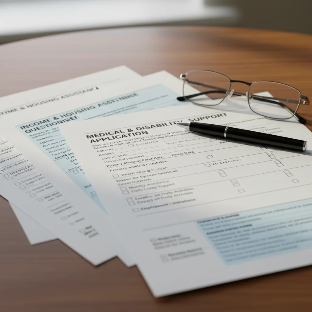 Attendance Allowance application forms with pen and glasses