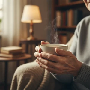 Elderly person's hands holding tea, symbolizing comfort and care