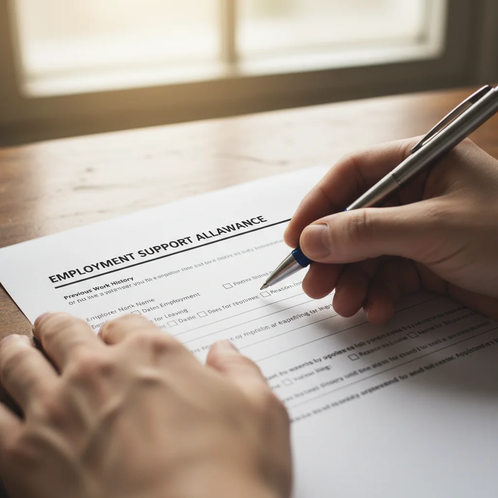Hands filling out Employment Support Allowance application form