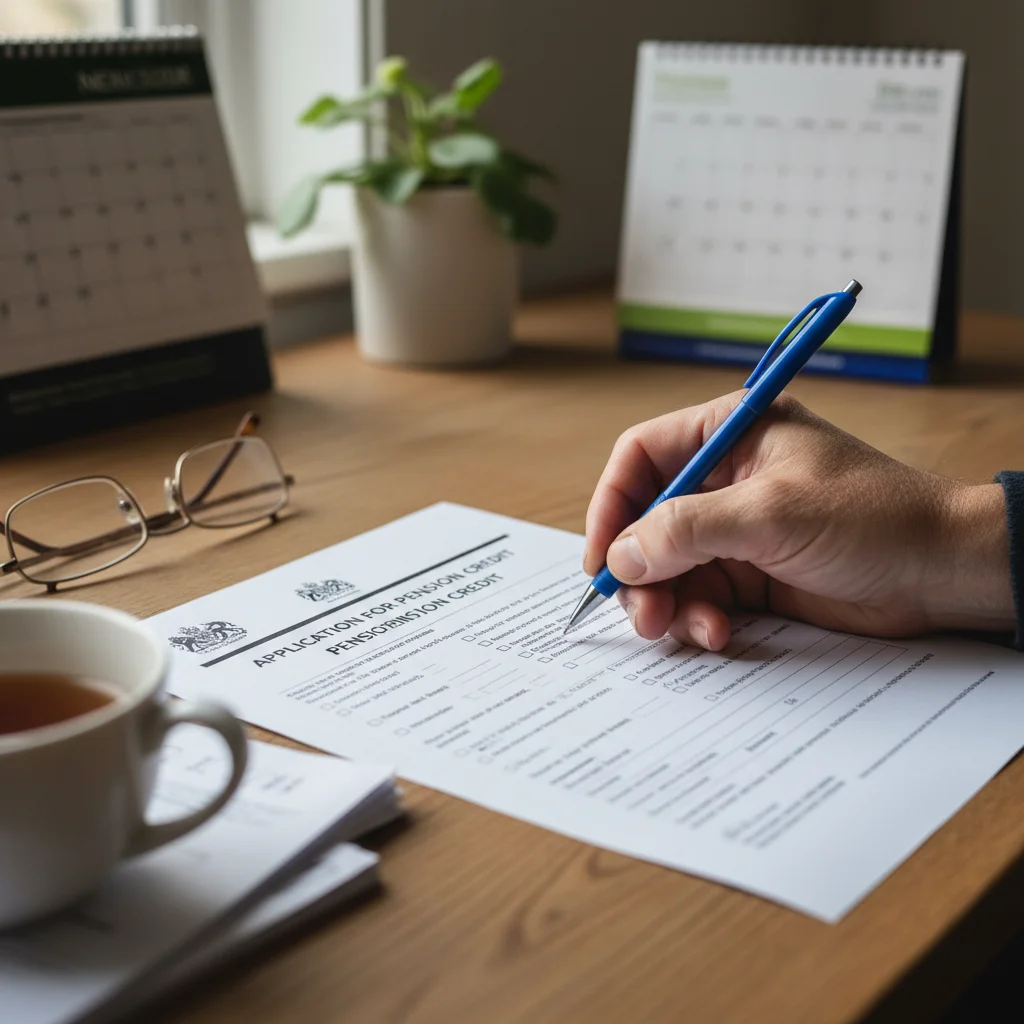 Hand filling out a Pension Credit application form, highlighting the detailed process.