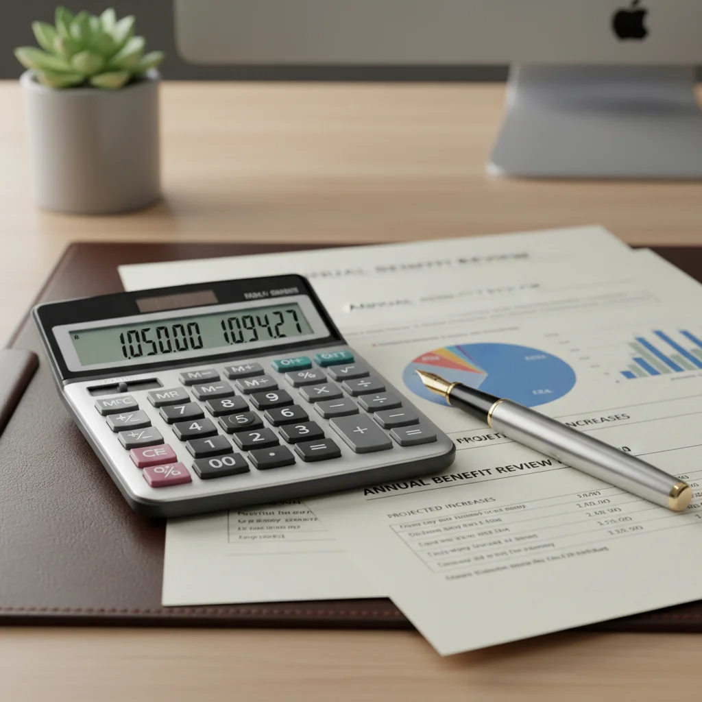 Calculator and documents illustrating financial planning for Child Benefit increases.