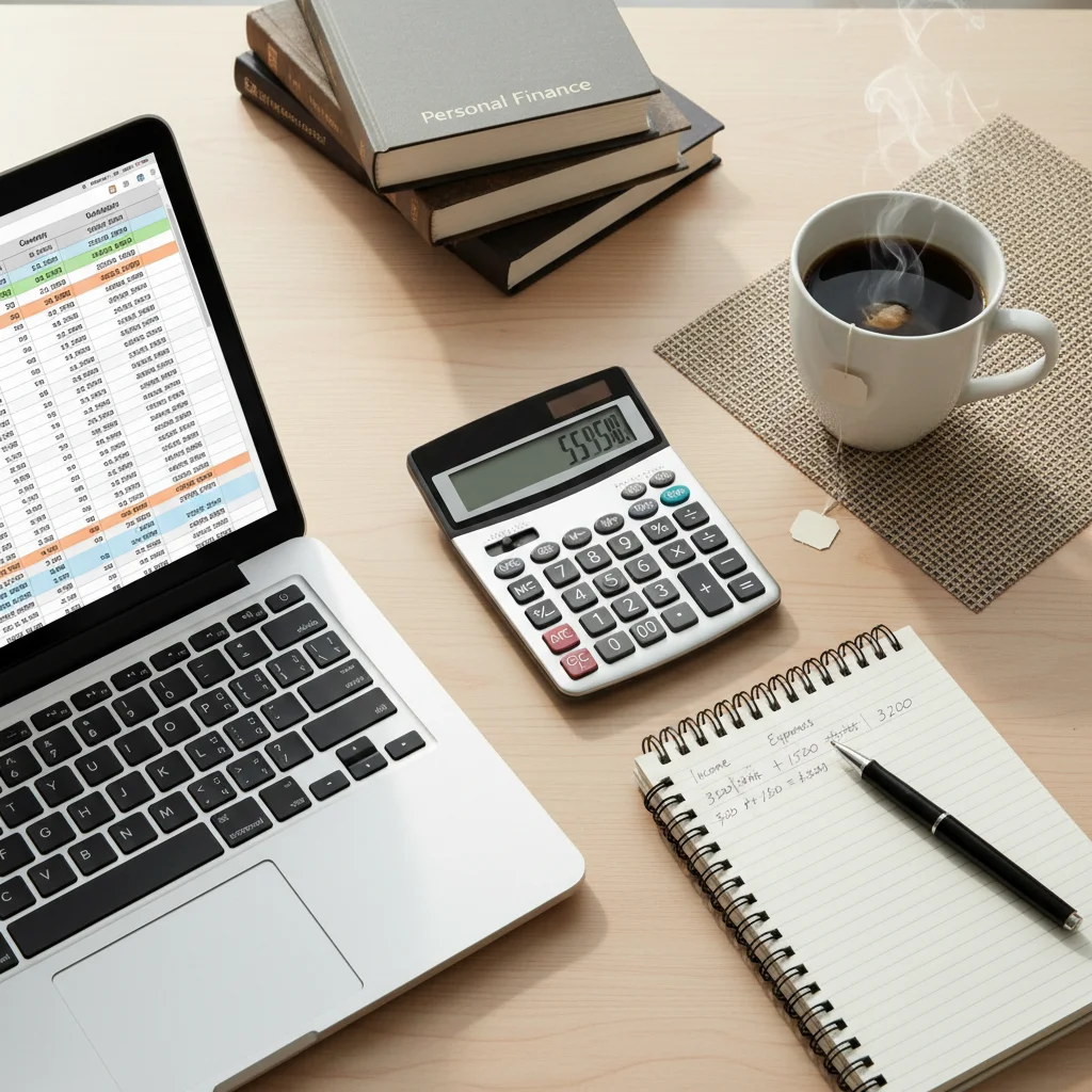 Desk with financial planning tools and documents