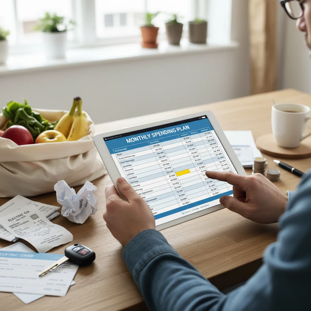 Person managing a household budget spreadsheet on a tablet with bills