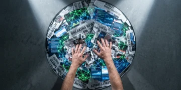 An overhead view of hands sifting through fragmented news headlines and digital interfaces, with glowing neural network patterns, illustrating information processing and cognitive load.