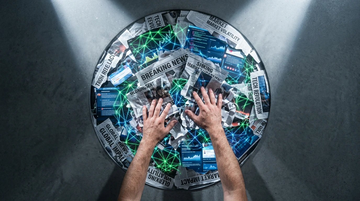 An overhead view of hands sifting through fragmented news headlines and digital interfaces, with glowing neural network patterns, illustrating information processing and cognitive load.