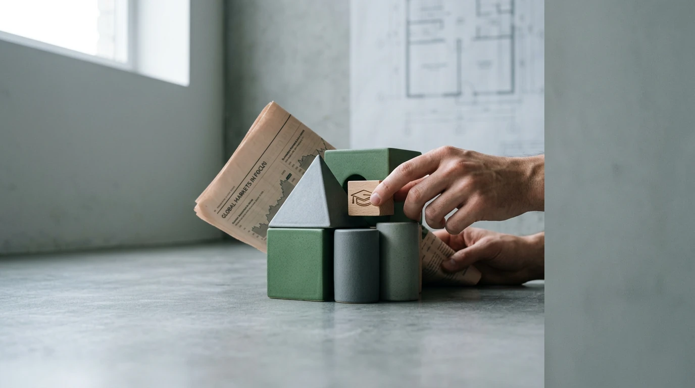 Hands assembling geometric shapes representing news, education, benefits, and finance into a cohesive structure on a concrete surface, symbolizing informed decision-making and personal growth.