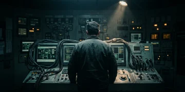 A person from behind, observing a complex industrial control panel with glowing green screens, symbolizing the integration of news, education, benefits, and finance.