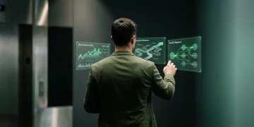 A person, viewed from behind, wearing a dark olive green blazer, arranging three glowing holographic data projections showing stock market trends, educational modules, and benefit diagrams in a dramatic, low-lit setting. This visualizes the synthesis of news, education, and benefits for optimal financial protocols.