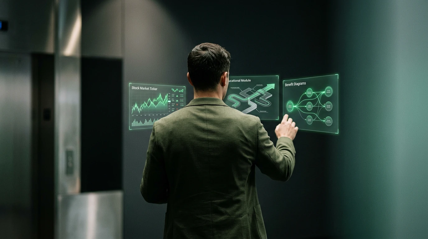 A person, viewed from behind, wearing a dark olive green blazer, arranging three glowing holographic data projections showing stock market trends, educational modules, and benefit diagrams in a dramatic, low-lit setting. This visualizes the synthesis of news, education, and benefits for optimal financial protocols.