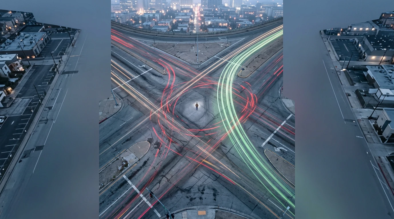 Aerial view of a person at a chaotic city intersection with contrasting green and red light trails representing financial decisions, illustrating investment dogma versus debt repayment.