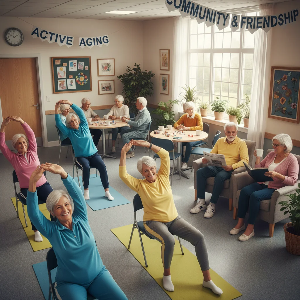 Active senior citizens in a community center enjoying activities