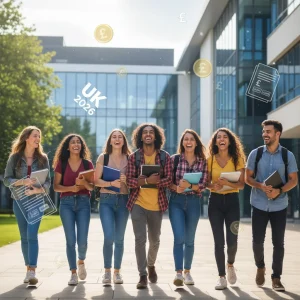 Students discussing student finance UK 2026 on a university campus