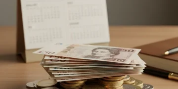 Stack of UK pound coins and notes with 2026 calendar, representing pension finances